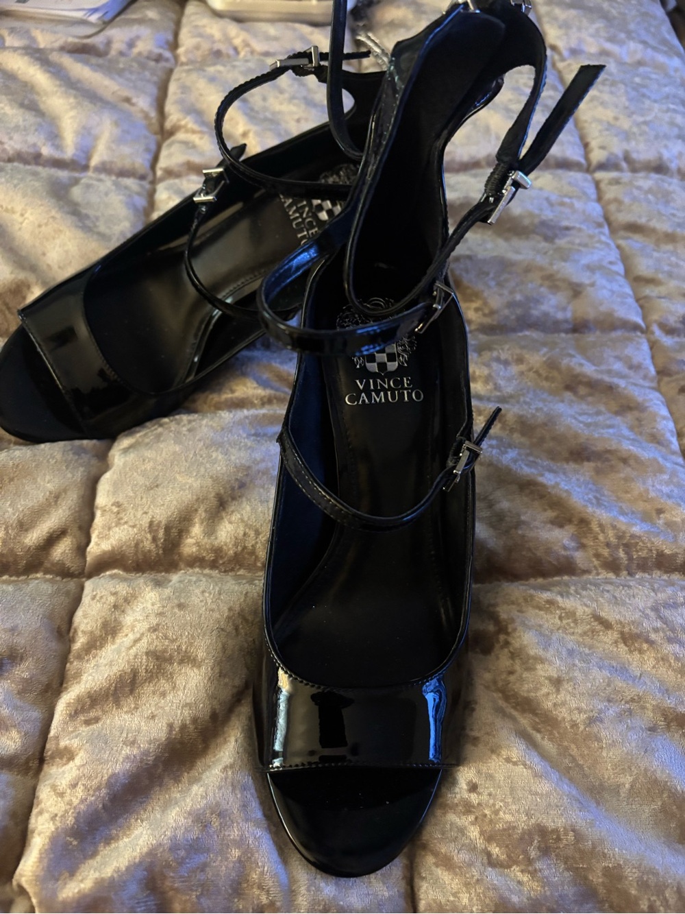 Vince Camuto Black Patent Multi-Strap Block Heels